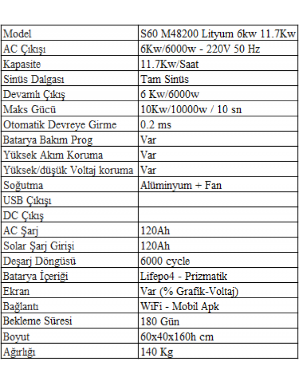 Sessiz S60 M48200 Lityum 6kw/11.7kw